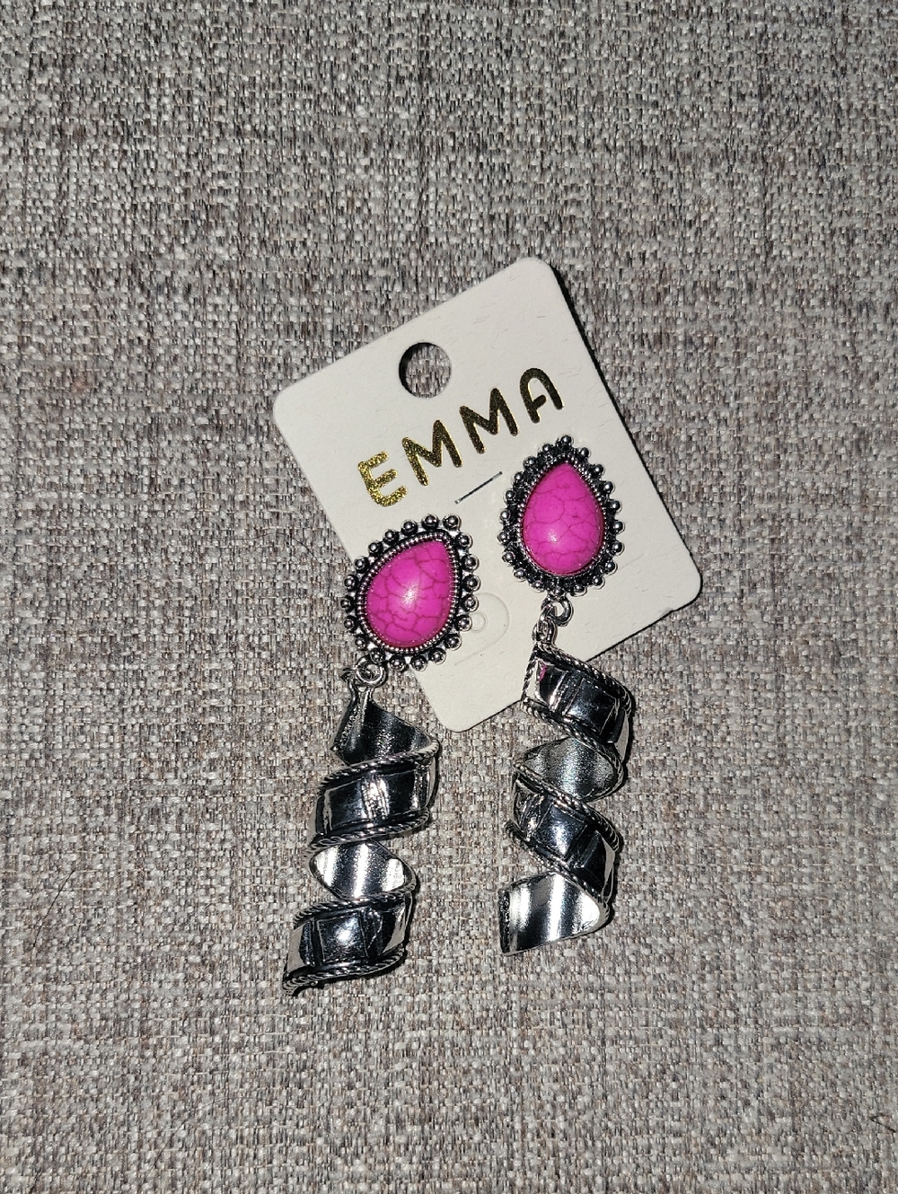 Pink Teardrop Silver Spiral Drop Earrings